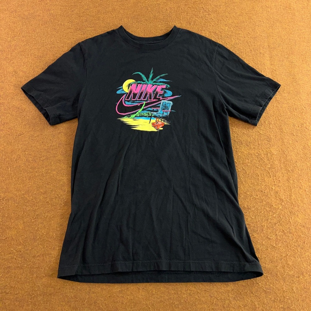 Nike Mens Medium Black Tropical Beach Neon Graphic Swoosh T-Shirt